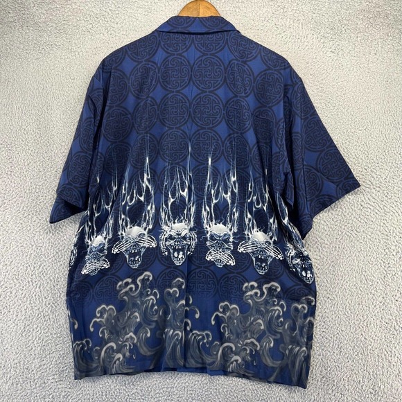 Vintage Amplify Skull Flames Shirt Men's Extra Large Blue Button All over Y2K - Picture 6 of 9